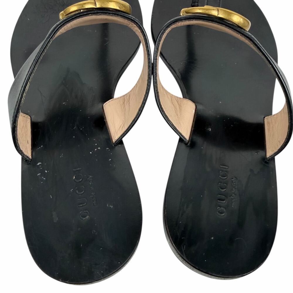 Gucci Black Leather Thong Sandal Gold Double G Logo Size 36.5 - Picture 9 of 14